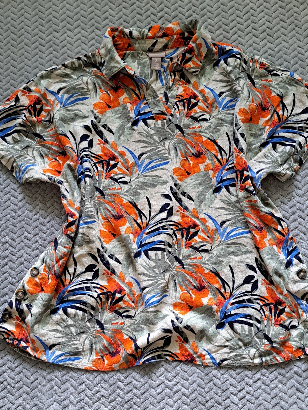 Chico's Orange Multi Floral Button-Accent Short Sleeve Shirt